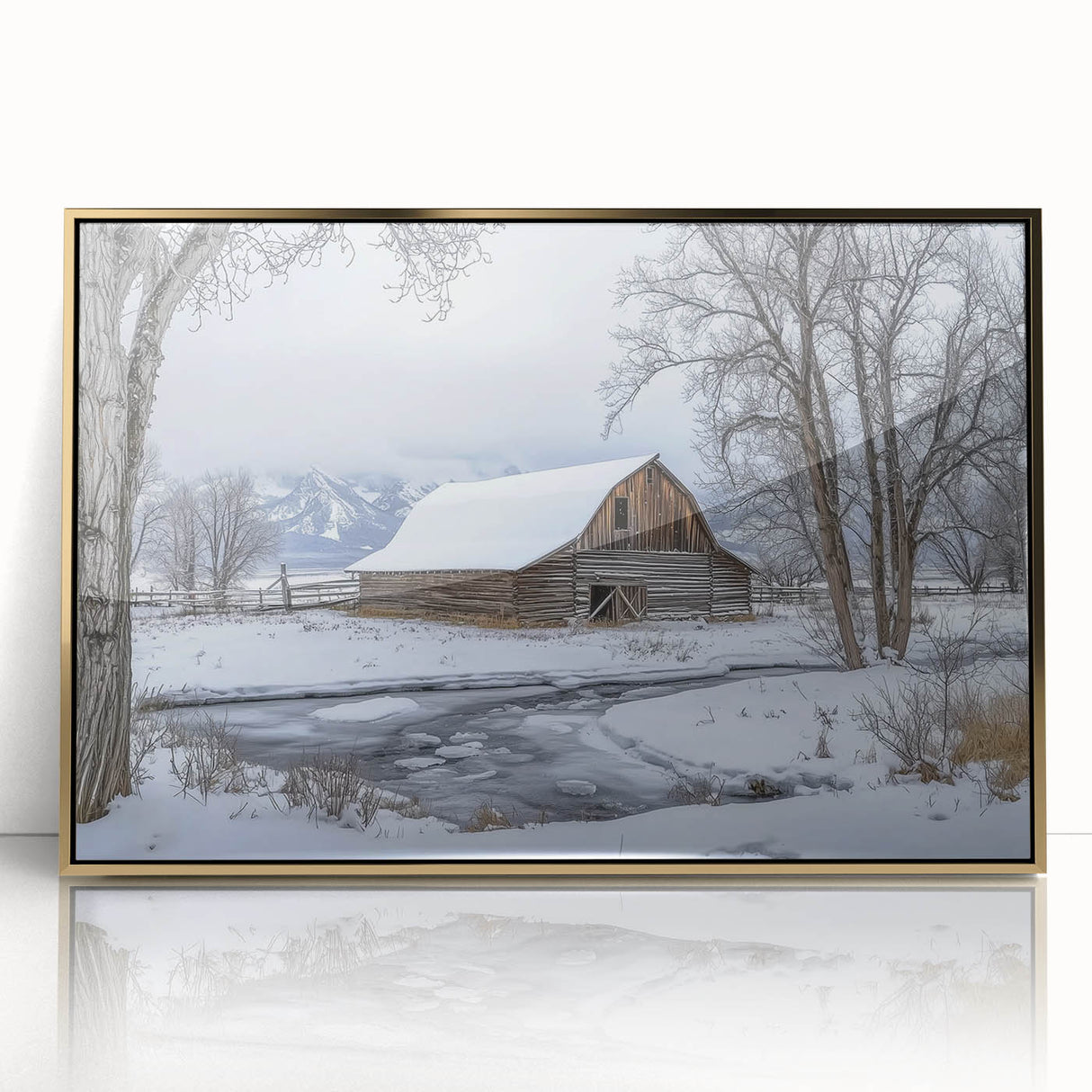 Elegant barn-framed acrylic artwork showcasing a stunning landscape scene with rich gold accents, perfect for enhancing home decor and adding a touch of sophistication.