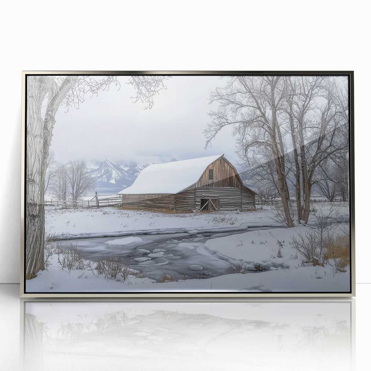 Framed acrylic art piece showcasing a stunning landscape of a barn surrounded by vibrant greenery, perfect for rustic home decor and enhancing interior spaces.