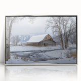 Framed acrylic art piece showcasing a stunning landscape of a barn surrounded by vibrant greenery, perfect for rustic home decor and enhancing interior spaces.