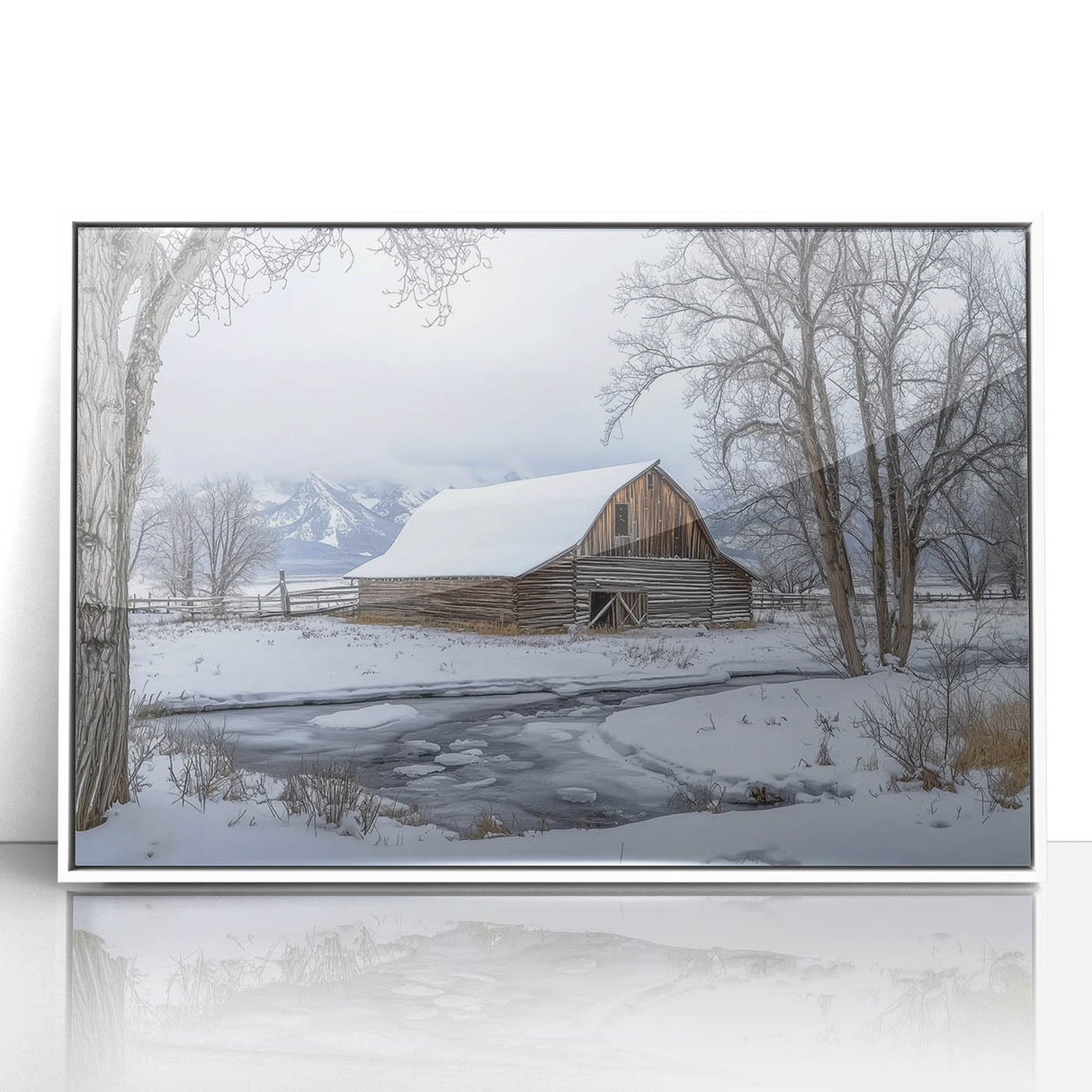 Framed acrylic artwork showcasing a serene barn landscape in white, featuring a modern design with soft colors, perfect for enhancing home decor.