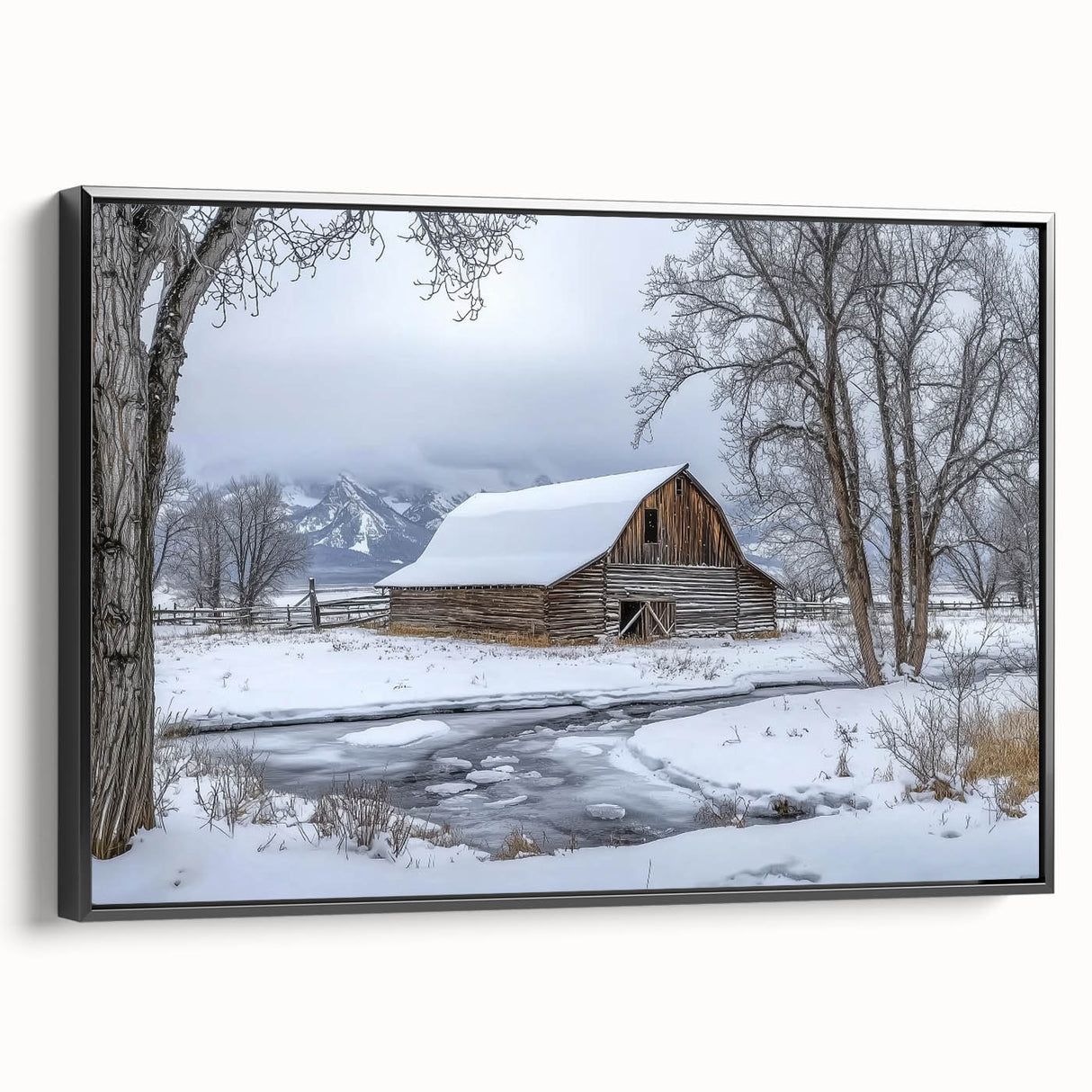 Framed landscape canvas artwork showcasing a picturesque barn scene, presented in a sleek black frame, ideal for rustic home decor and enhancing interior aesthetics.