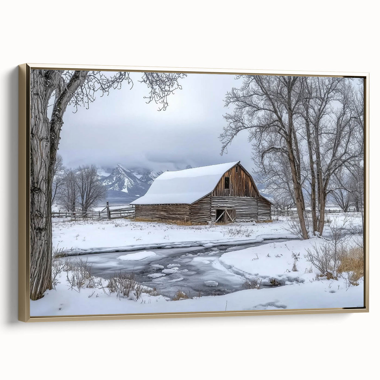 Elegant barn landscape canvas framed in gold, showcasing a serene rural scene with vibrant colors. Perfect for enhancing home decor with a touch of rustic charm.