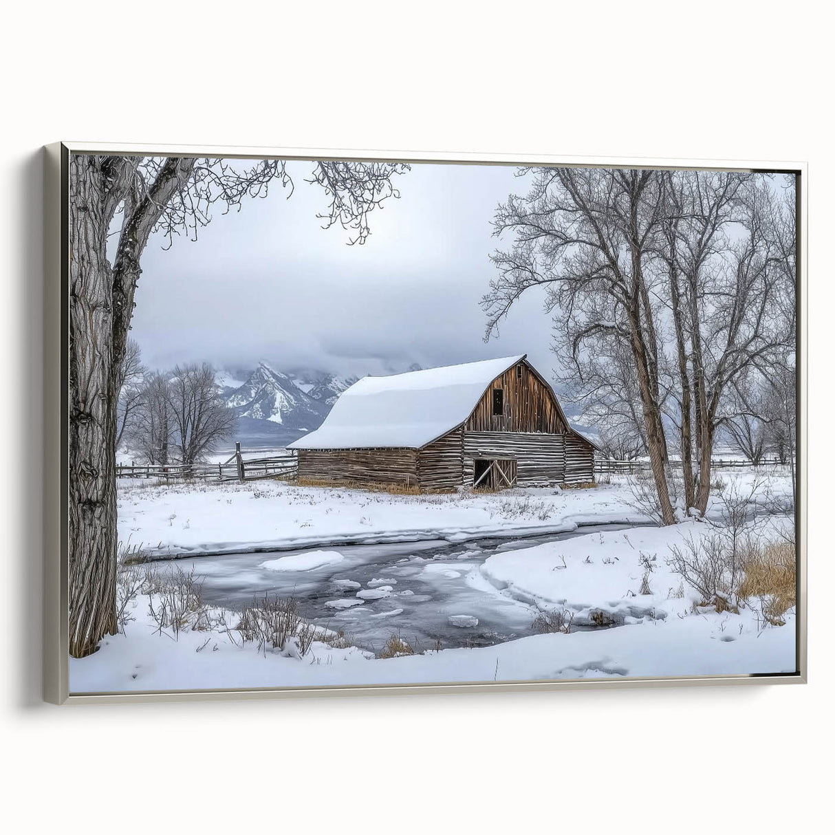 Landscape barn framed canvas in silver, showcasing a serene countryside scene with vibrant colors and fine details, ideal for rustic home decor.
