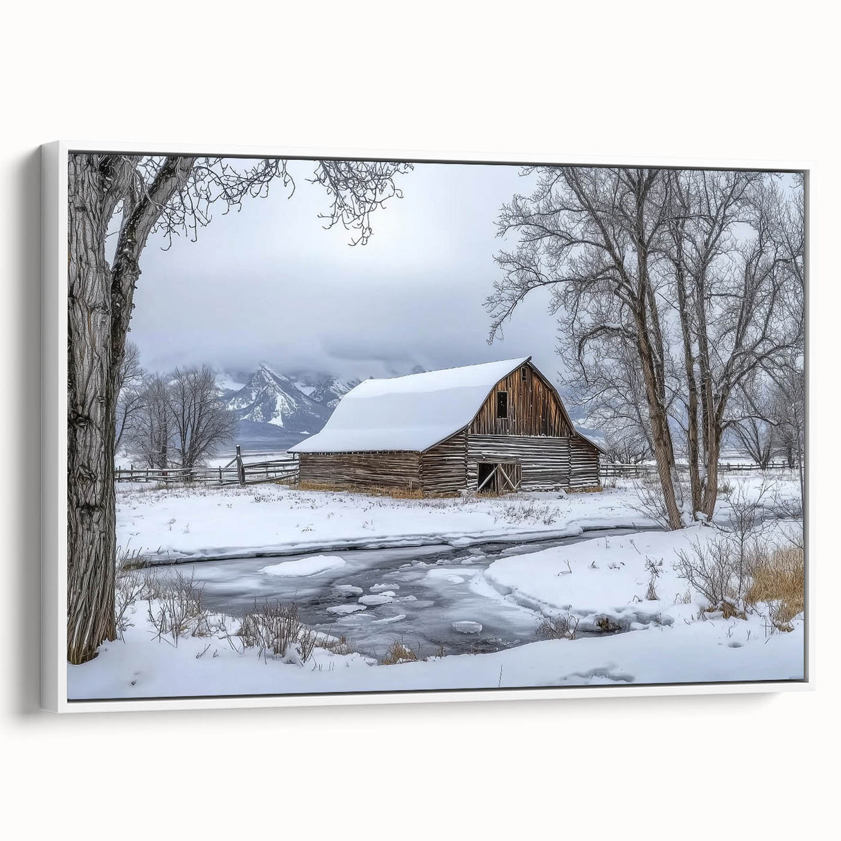 Barn landscape canvas artwork framed in white, showcasing vibrant colors and intricate details. Perfect for adding a rustic charm to any home decor setting.