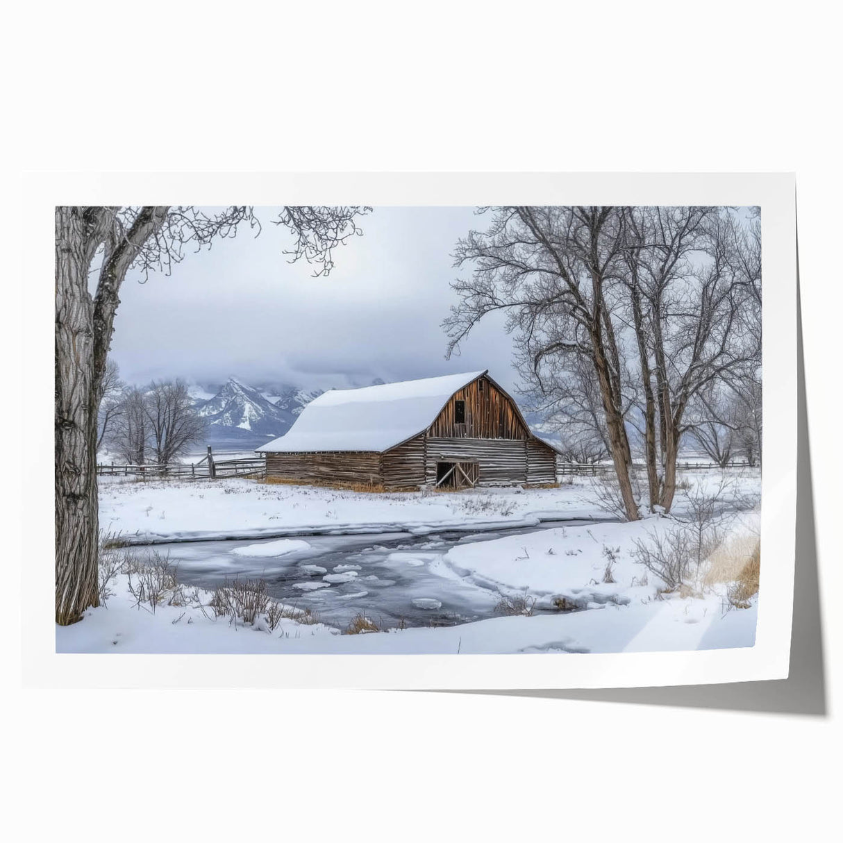 Landscape barn print rolled in a protective tube, showcasing a rustic charm with vibrant colors and intricate details. Perfect for home decor enthusiasts and art lovers.