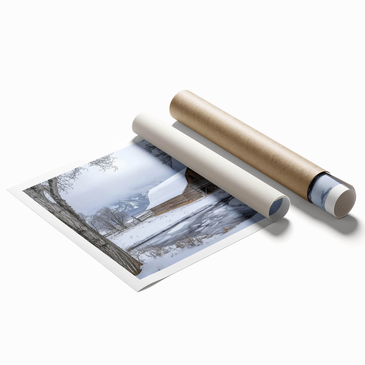 Rolled print showcasing a vibrant landscape barn design with rich colors and intricate details, securely packaged in a protective cardboard tube for easy transport.