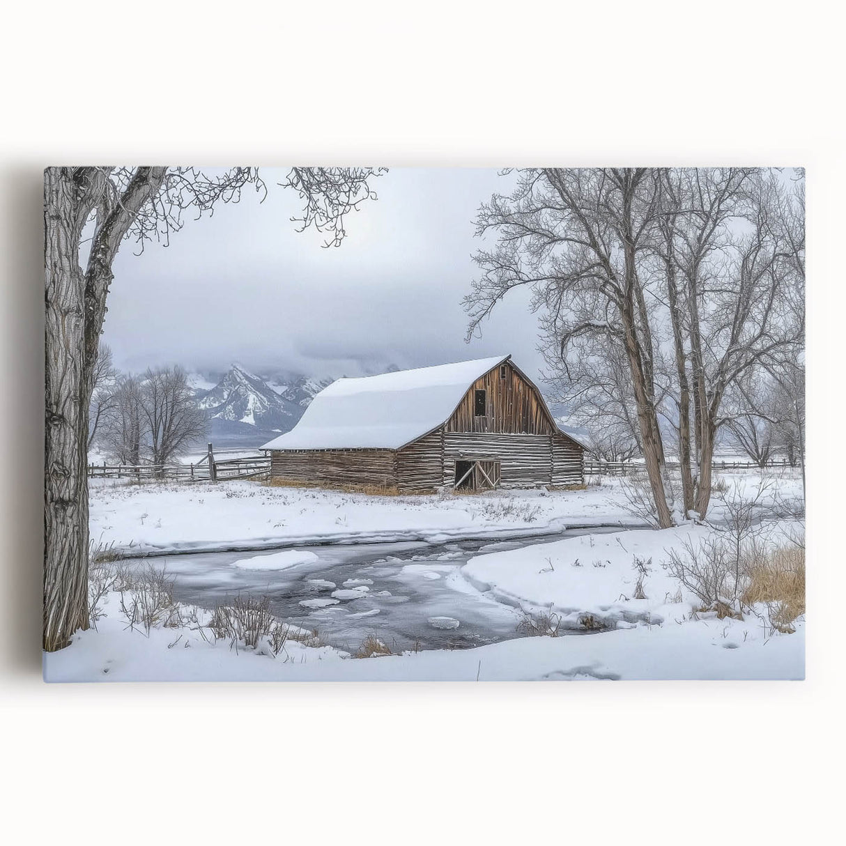 Stretched canvas artwork depicting a rustic barn landscape, featuring vibrant colors and intricate details, perfect for farmhouse decor enthusiasts. This piece adds warmth and charm to any room.
