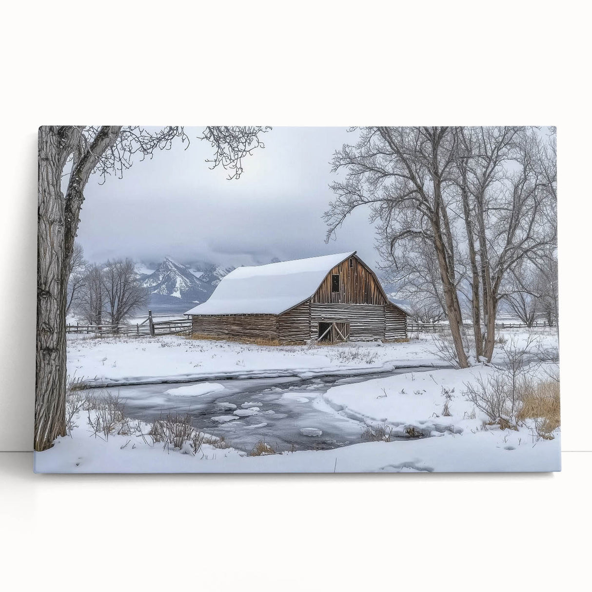 Stretched canvas artwork depicting a serene landscape with a barn, featuring vibrant colors and rich textures, ideal for home decor or rustic-themed interiors.