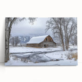Stretched canvas artwork depicting a serene landscape with a barn, featuring vibrant colors and rich textures, ideal for home decor or rustic-themed interiors.