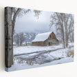 Stretched canvas artwork depicting a serene landscape with a rustic barn, showcasing vibrant colors and intricate details, ideal for home decor enthusiasts.