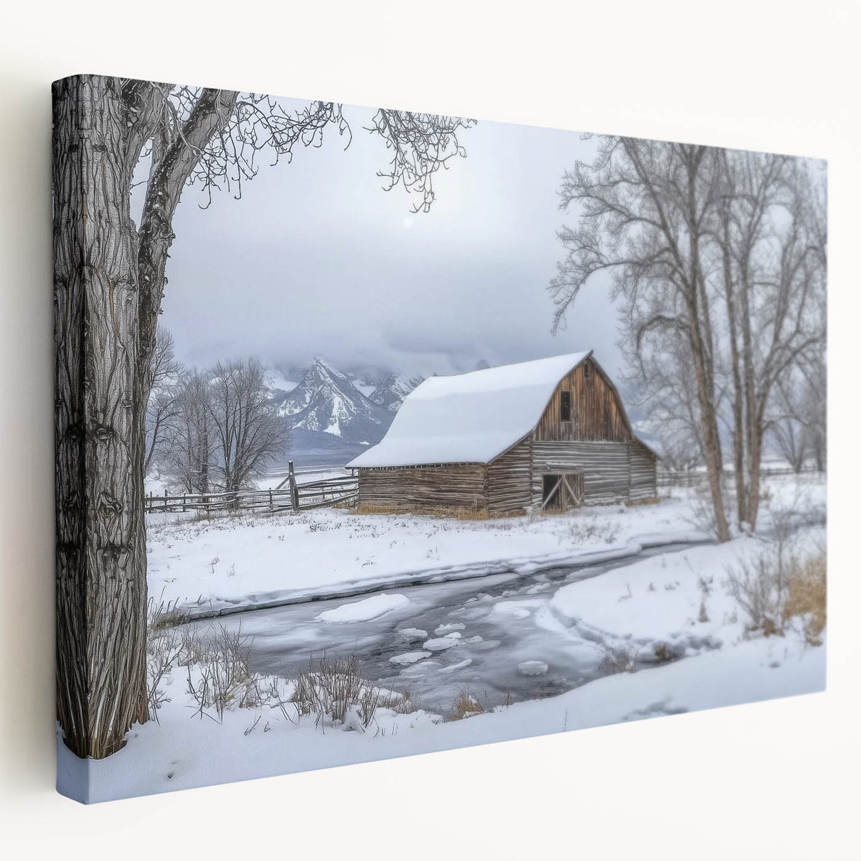 Stretched canvas artwork depicting a serene landscape with a rustic barn, showcasing vibrant colors and intricate details, ideal for home decor enthusiasts.