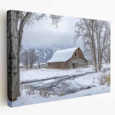 Stretched canvas artwork depicting a serene landscape with a rustic barn, showcasing vibrant colors and intricate details, ideal for home decor enthusiasts.