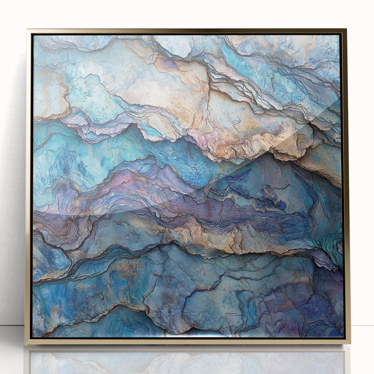Framed acrylic wall art showcasing a stunning landscape of canyons with a gold trim, ideal for modern home decor and adding elegance to any room.
