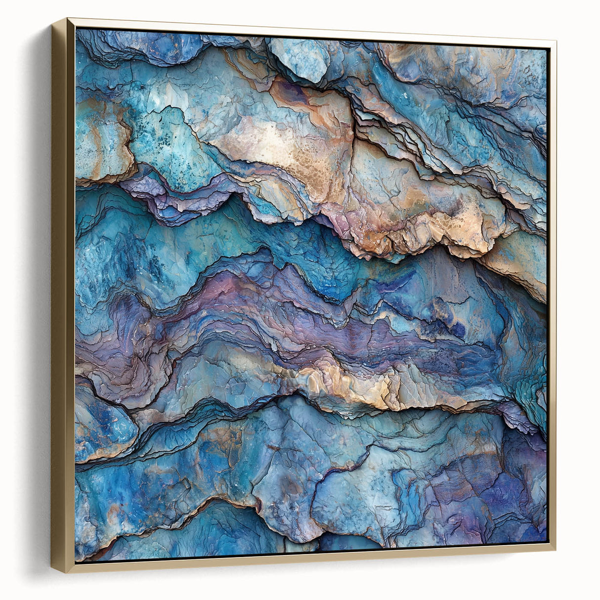 Framed canvas artwork depicting a stunning landscape of canyons in silver and gold hues, showcasing intricate textures and depth, ideal for modern home decor.