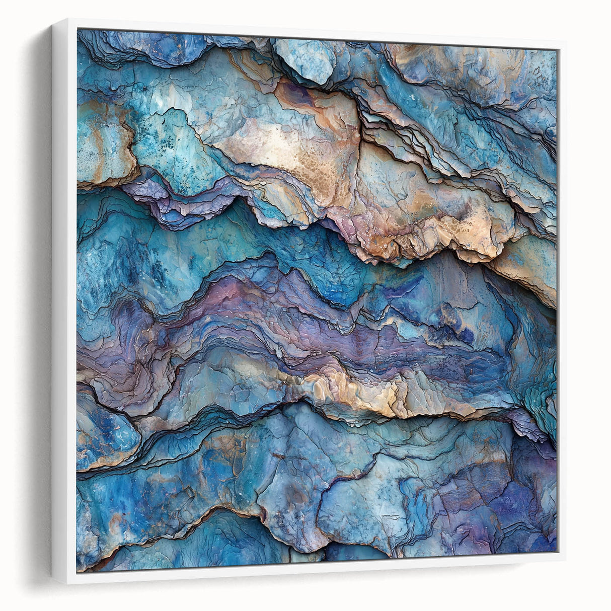 Framed landscape canvas featuring vibrant canyon artwork with rich earthy tones, showcasing a white frame from a side view, perfect for home decor.