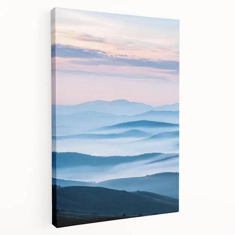 Stretched canvas artwork showcasing a serene countryside landscape in vibrant greens and blues, perfect for home decor. The side view highlights its depth and texture, ideal for nature enthusiasts.
