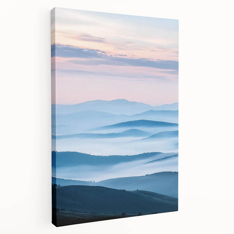 Stretched canvas artwork showcasing a serene countryside landscape in vibrant greens and blues, perfect for home decor. The side view highlights its depth and texture, ideal for nature enthusiasts.