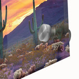 Close-up of a vibrant desert landscape acrylic glass art piece showcasing warm hues of orange and yellow, ideal for modern home decor.