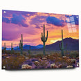Desert landscape acrylic glass art piece showcasing vibrant colors and intricate details, viewed from the side with decorative pins, ideal for modern home decor.