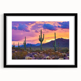 Desert landscape framed artwork with a black mat, showcasing vibrant colors and intricate details, ideal for home decor or office settings.