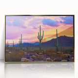 Framed acrylic artwork showcasing a vibrant desert landscape with golden accents, perfect for modern home decor. Ideal for enhancing living spaces and evoking tranquility.