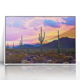 Framed acrylic artwork showcasing a vibrant desert landscape with warm tones and intricate details, perfect for modern home decor. Ideal for enhancing living spaces.