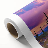 Desert landscape rolled canvas art showcasing vibrant orange and yellow hues, capturing the essence of arid beauty, elegantly packaged in a protective cardboard tube.