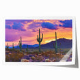 Desert landscape rolled print showcasing vibrant colors and intricate details, featuring warm hues of orange and yellow against a serene blue sky, ideal for home decor.