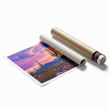 Vibrant desert landscape rolled print showcasing warm earth tones, intricate details of dunes and cacti, expertly packaged in a protective cardboard tube. Ideal for home decor enthusiasts and art collectors seeking unique wall art.