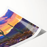 Desert landscape rolled canvas print showcasing vibrant orange and yellow hues, capturing the serene beauty of arid terrain, packaged securely in a protective tube.