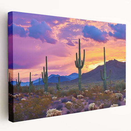 Desert landscape stretched canvas artwork showcasing vibrant hues of orange and yellow, depicting a serene sunset over a vast sandy terrain, ideal for home decor.
