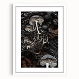 Abstract art print featuring swirling blue and gray tones on a white framed canvas.