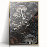 Large art print of abstract natural elements in gold and black on acrylic, framed, in mid-century modernist style.