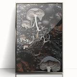 Mid-century modernist art featuring geometric shapes in muted gold and silver tones on an acrylic framed poster.