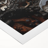 Art deco poster featuring geometric patterns in muted gold and black on rolled canvas.