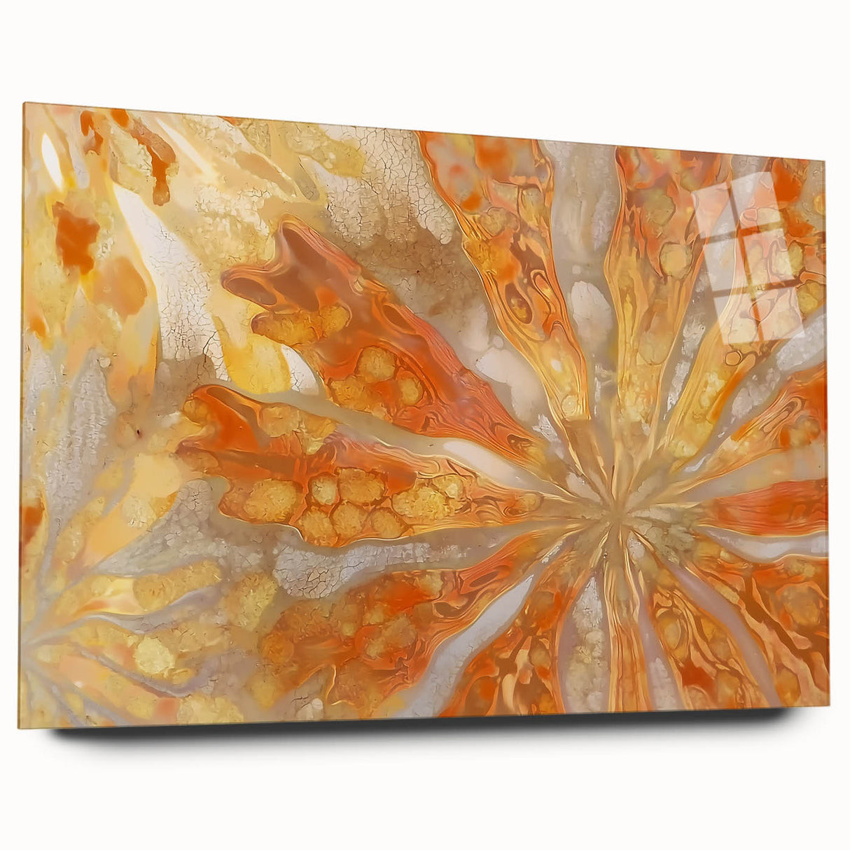Large abstract wall art in mid-century modernist style, featuring natural elements in muted earth tones on acrylic glass.