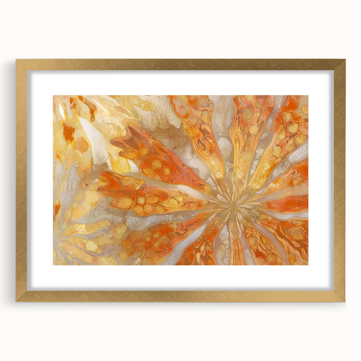 Abstract art print featuring close-up nature elements in gold frame, with muted earth tones, ideal for dining room decor.