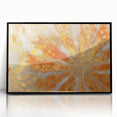 Large abstract wall art featuring a close-up of nature elements in muted green and brown tones, framed in black acrylic.