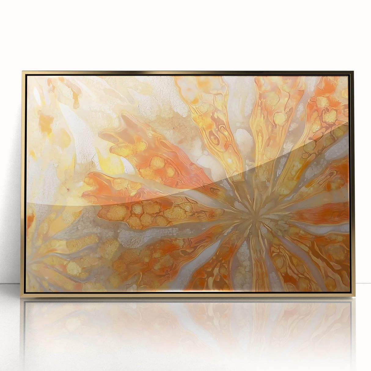 Large art print of close-up nature elements in muted green and gold tones, framed in acrylic.
