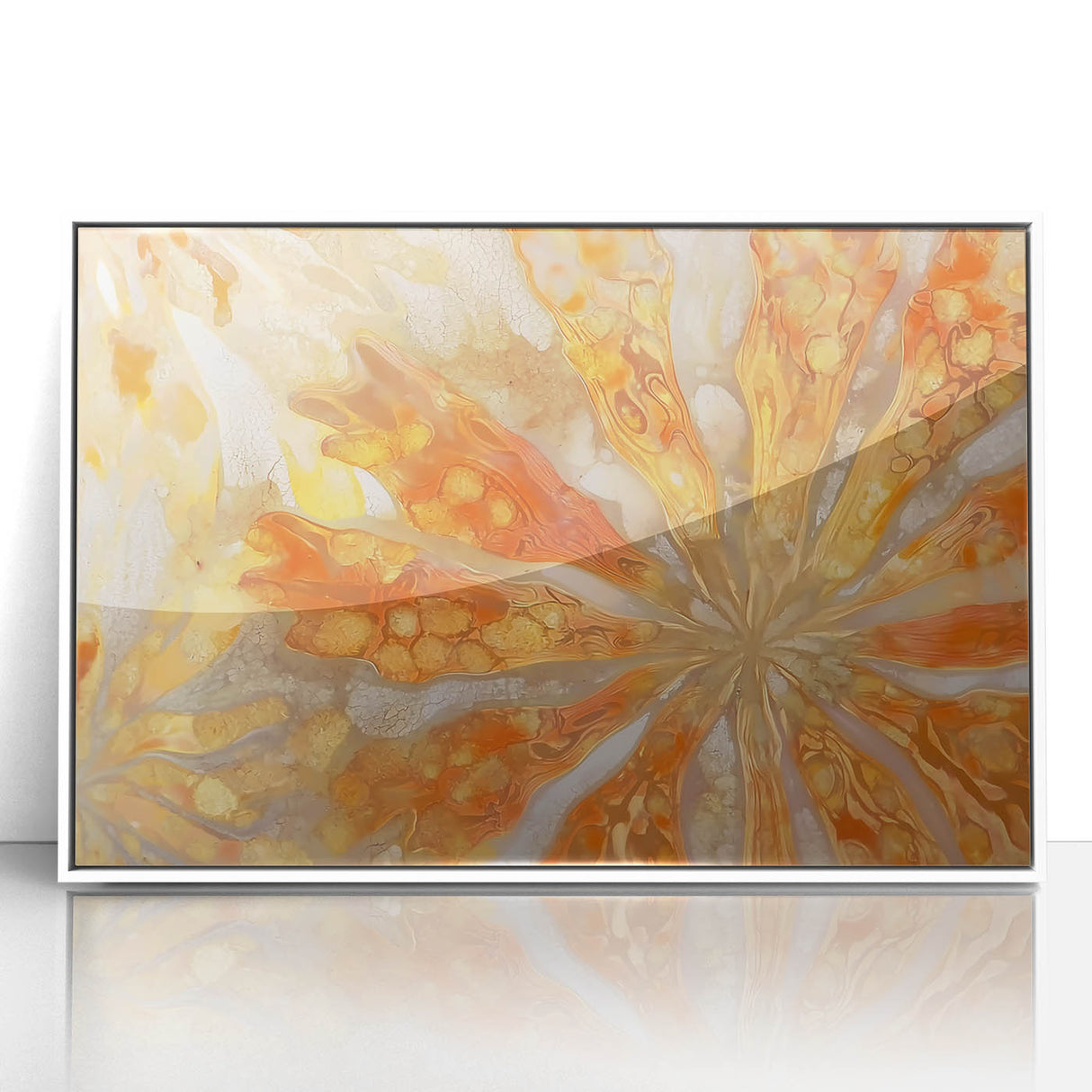 Art deco poster of nature elements in muted greens and browns, framed acrylic, ideal for nursery wall art.