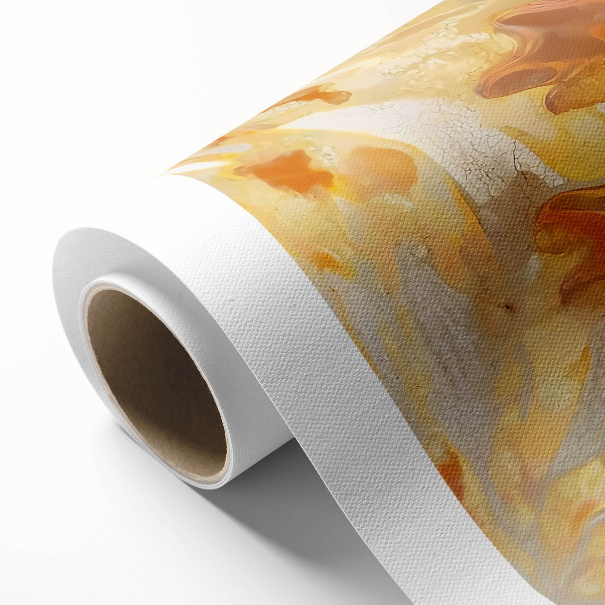 Art deco poster featuring close-up nature elements in muted green and brown tones on rolled canvas.