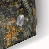 Large abstract wall art featuring autumnal hues on acrylic glass, ideal for dining room art in a mid-century modernist style.