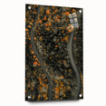 Large abstract wall art depicting autumn leaves in orange and red shades, acrylic print, ideal for dining room decor.