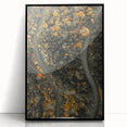 Large abstract wall art with mid-century modernist style, featuring warm fall colors on black framed acrylic.
