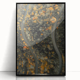 Large abstract wall art with mid-century modernist style, featuring warm fall colors on black framed acrylic.