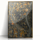 Framed acrylic print of a mid-century modernist art piece depicting autumn foliage in gold and orange tones.