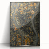 Mid-century modernist art depicting an abstract fall scene in warm orange tones, framed in silver acrylic.