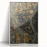 Art deco poster featuring a stylized fall scene with warm orange and brown tones on a framed acrylic print.