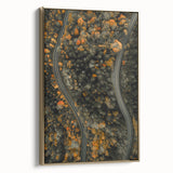 Framed canvas depicting a vintage landscape painting with autumnal trees in gold and black tones, ideal for bedroom wall art.