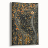 Landscape art painting of fall trees on a framed canvas, featuring vibrant autumn colors, ideal for living room decor.